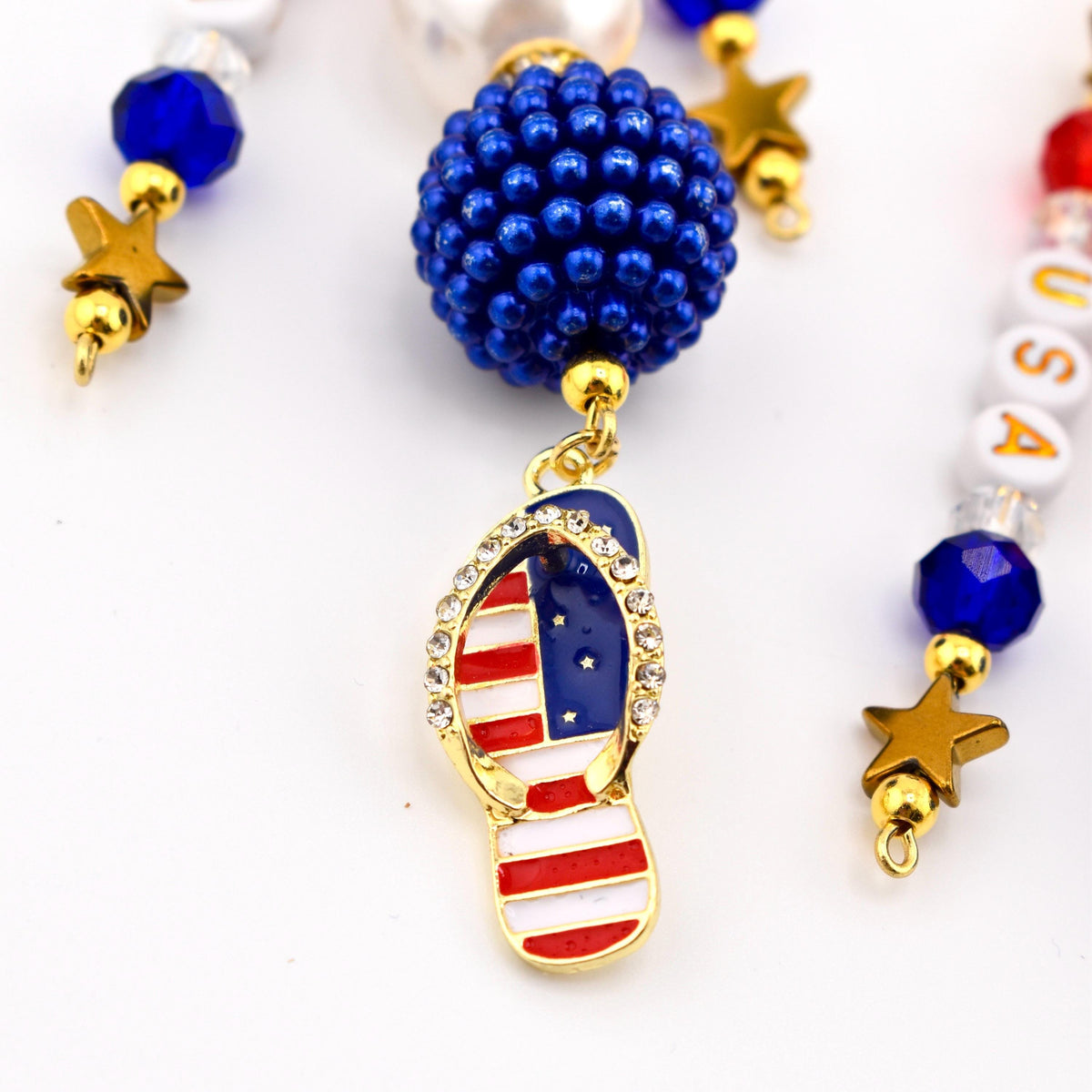 Patriotic Beaded Bag Charm | USA Flag Flip Flop, Star Straw Charm