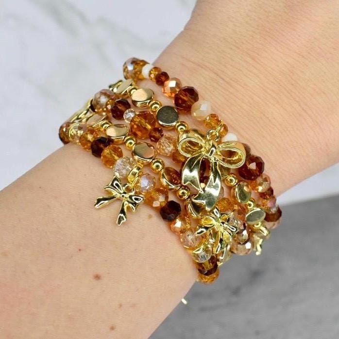 Chocolate Brown and Gold Bracelet Collection - Bow Charm Bracelets