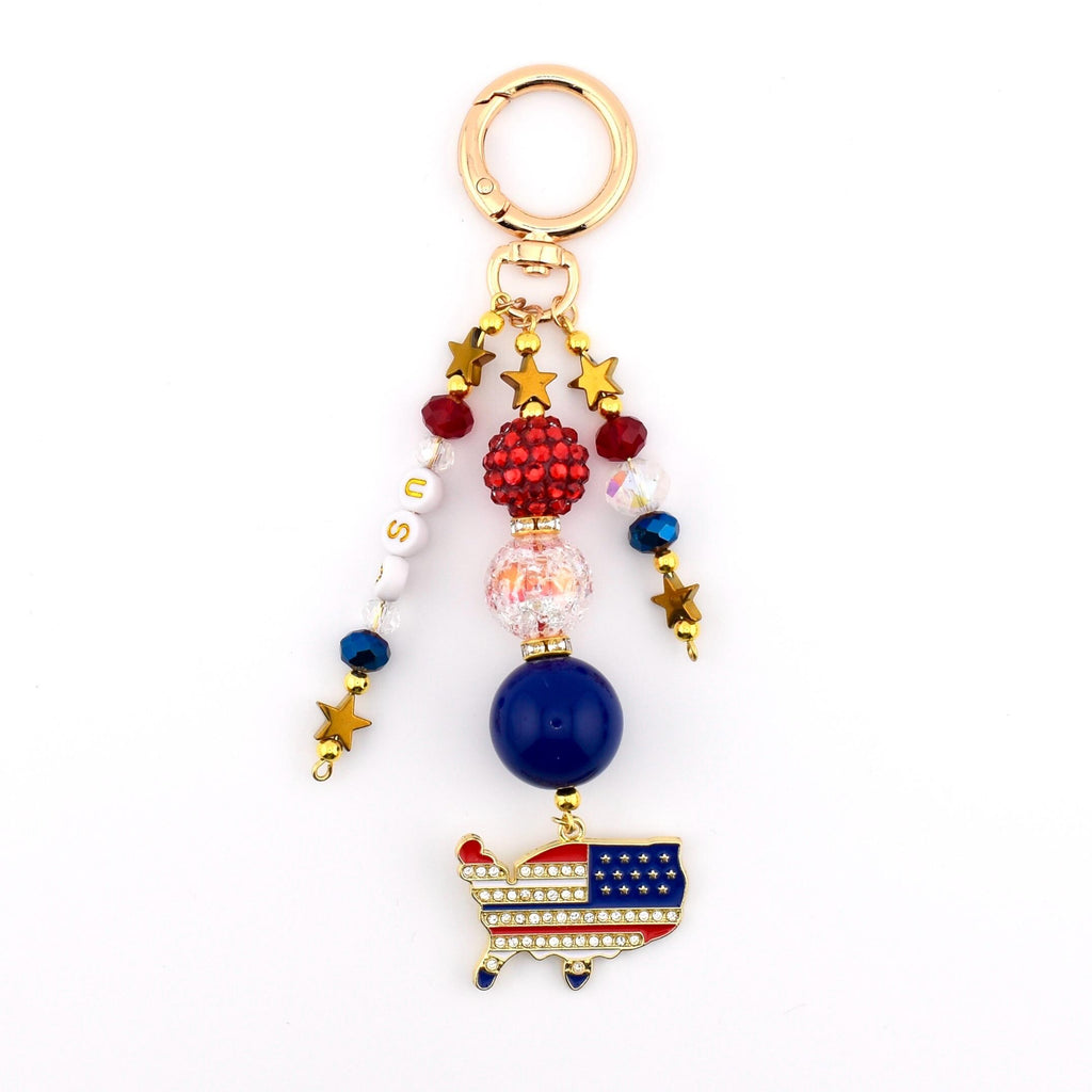 Patriotic Beaded Bag Charm | USA Flag Flip Flop, Star Straw Charm