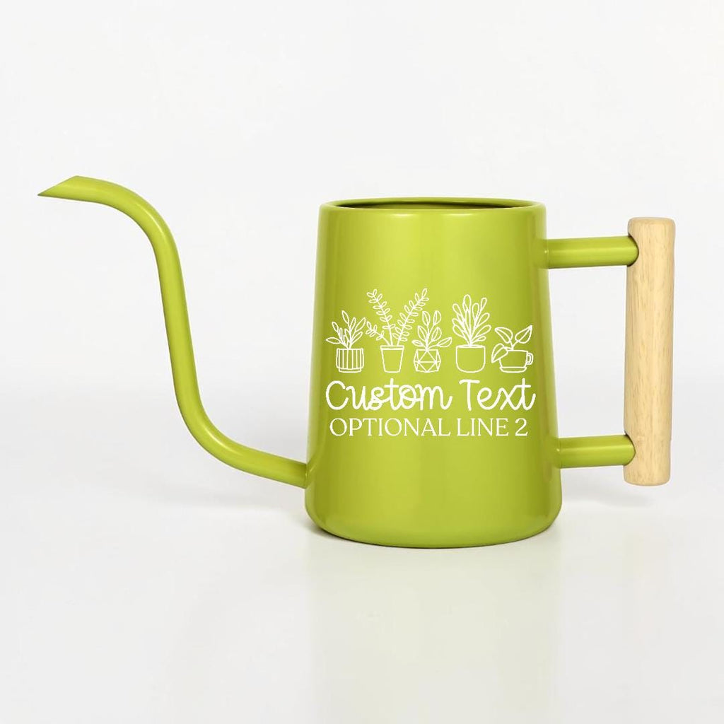 A lime green metal watering can with a long, slender spout and a light-colored wooden handle. The side features a white line-art graphic of five potted plants above the text Custom Text and OPTIONAL LINE 2 in a white font.