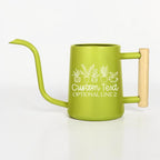 A lime green metal watering can with a long, slender spout and a light-colored wooden handle. The side features a white line-art graphic of five potted plants above the text Custom Text and OPTIONAL LINE 2 in a white font.