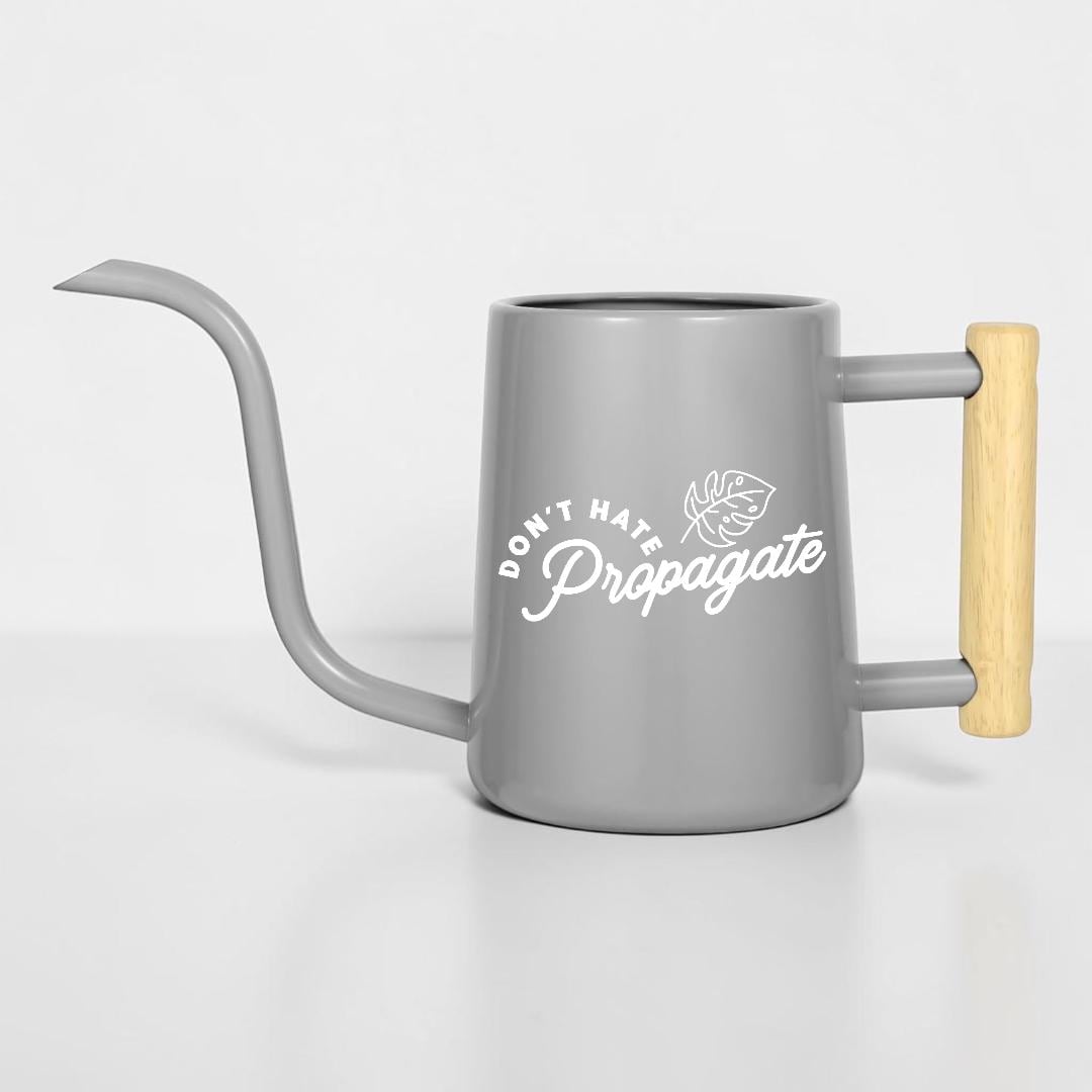 Metal Watering Can with Don't Hate Propagate and Monstera Leaf Design