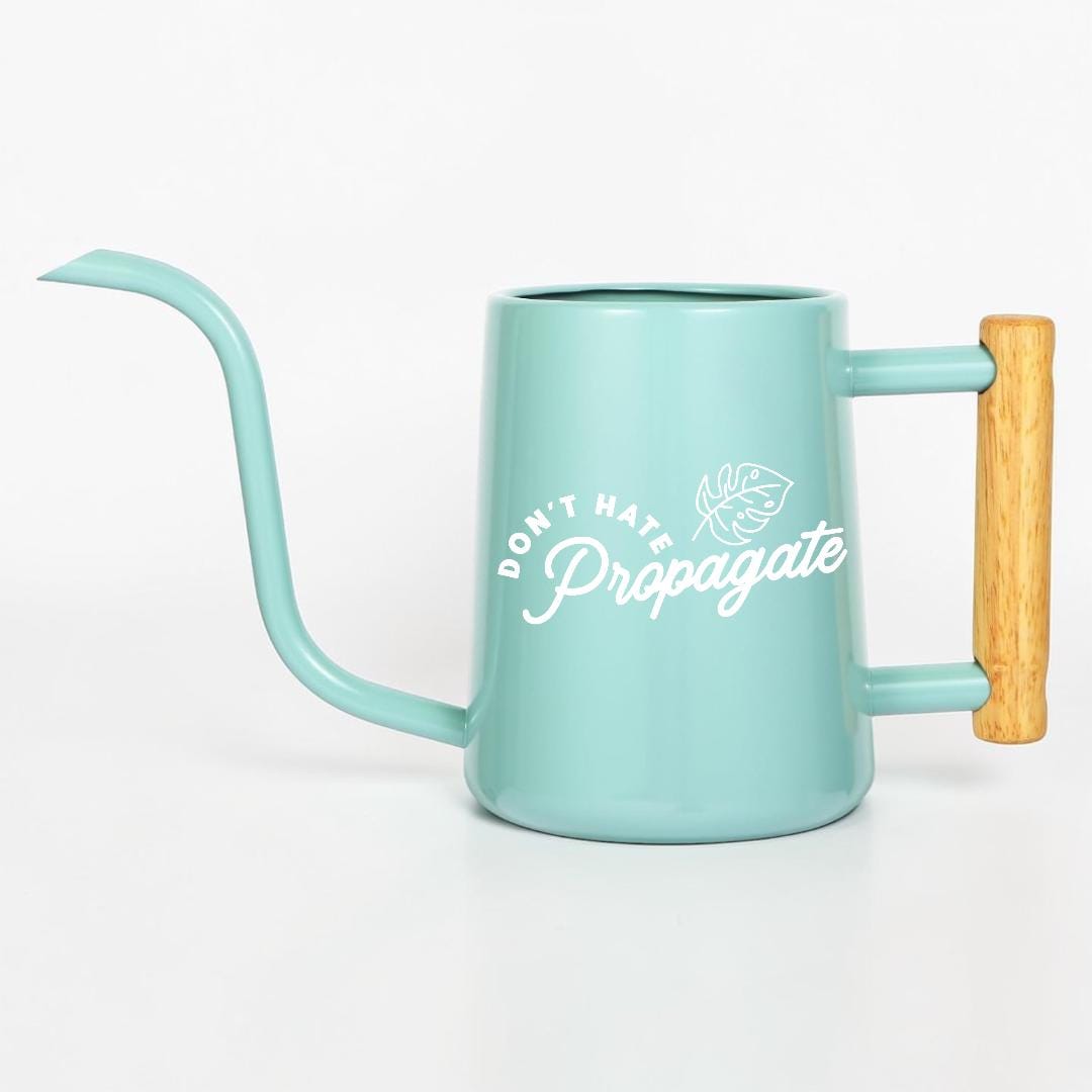 Metal Watering Can with Don't Hate Propagate and Monstera Leaf Design