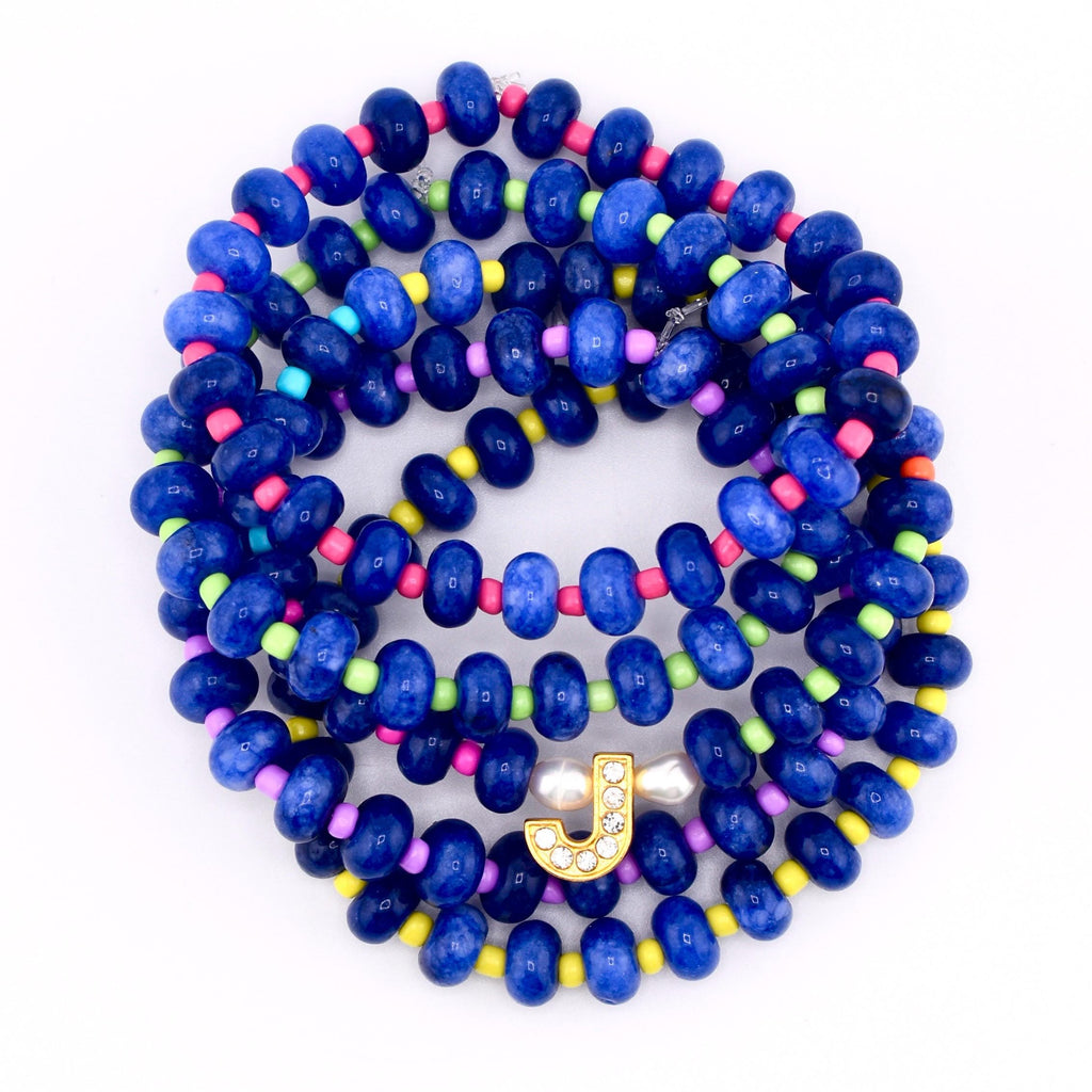Cobalt Blue Stone Bead Bracelet, Gold Initial Charm, Crystal Accent, Pearl Detail