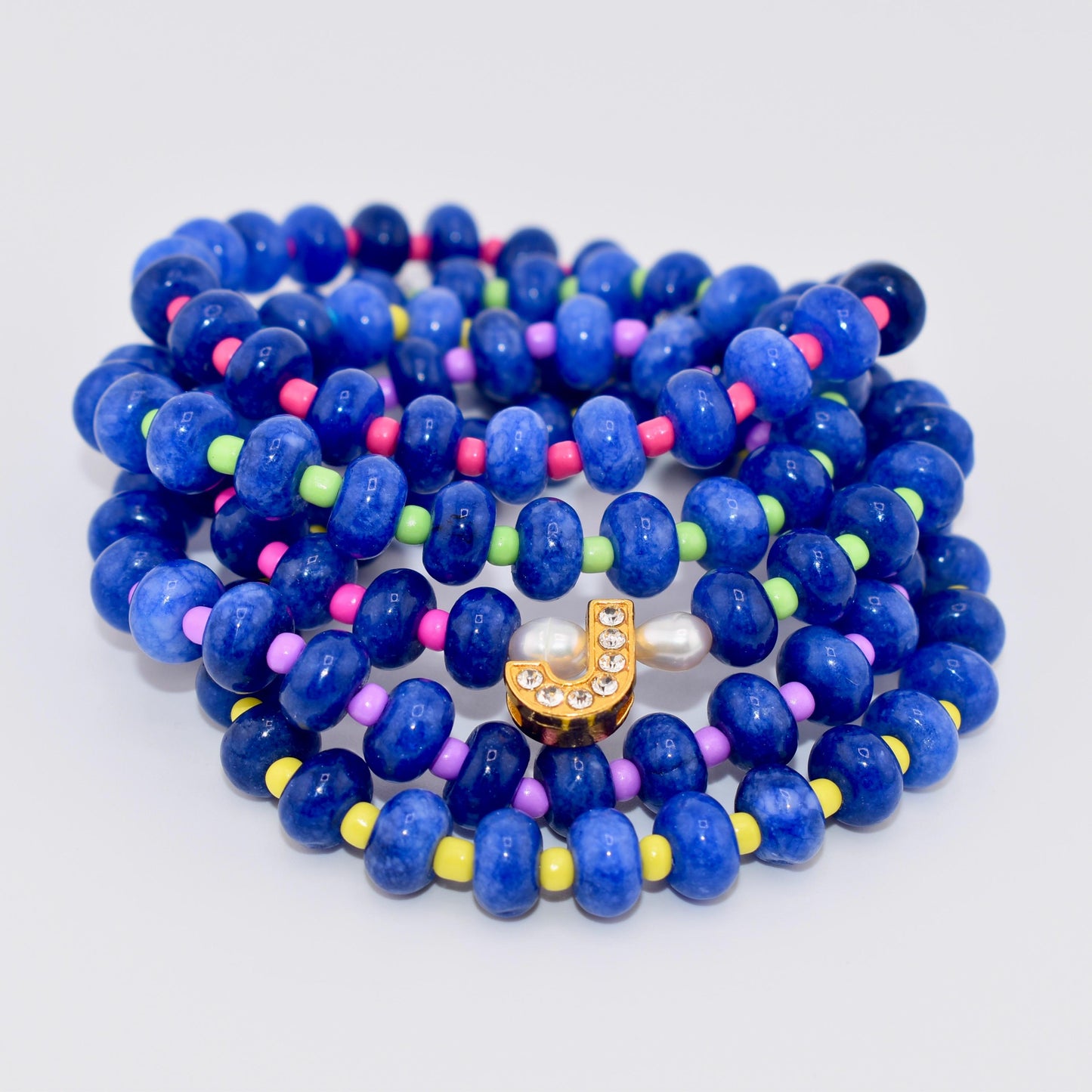 Handmade Blue Stone Bead Bracelet, Gold Initial Bracelet, Personalized Monogram Jewelry, Colorful Stackable Bracelets, Custom Gift for Her