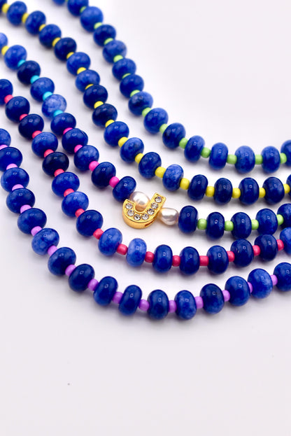 Handmade Blue Stone Bead Bracelet, Gold Initial Bracelet, Personalized Monogram Jewelry, Colorful Stackable Bracelets, Custom Gift for Her