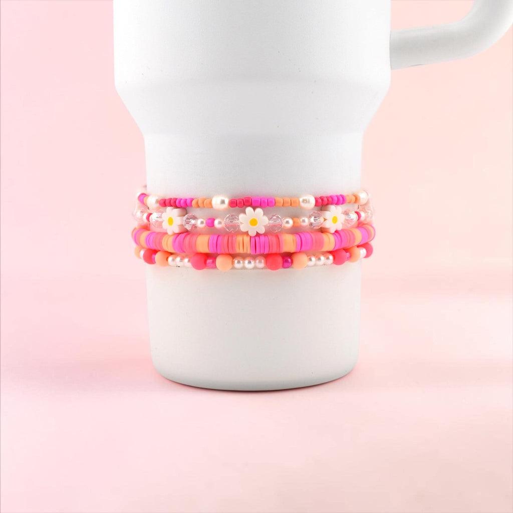 Sorbet Groove Beaded Bracelet Collection Pink Orange Daisy Accent Stackable Summer Jewelry