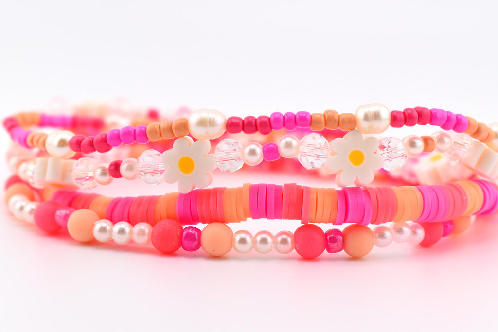 Sorbet Groove Beaded Bracelet Collection Pink Orange Daisy Accent Stackable Summer Jewelry