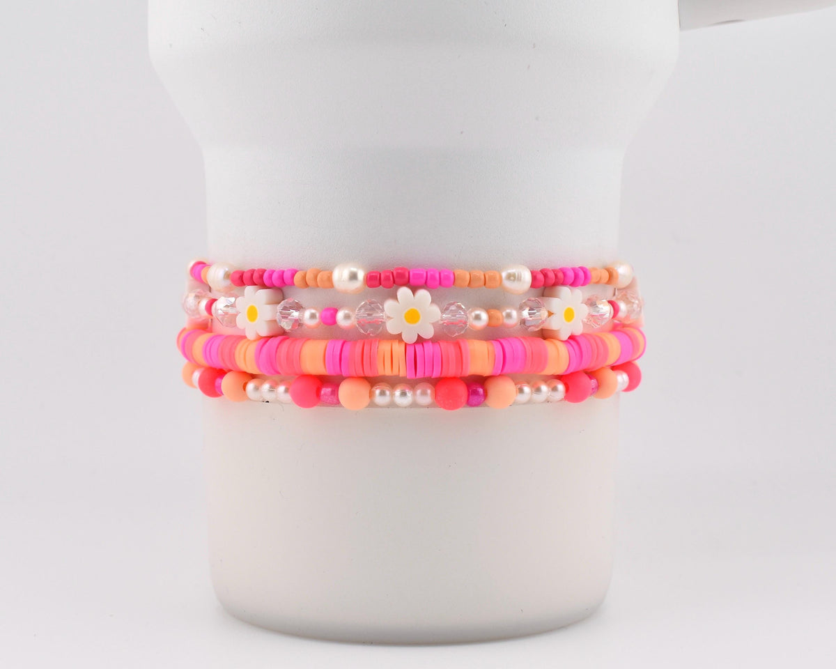Sorbet Groove Beaded Bracelet Collection Pink Orange Daisy Accent Stackable Summer Jewelry