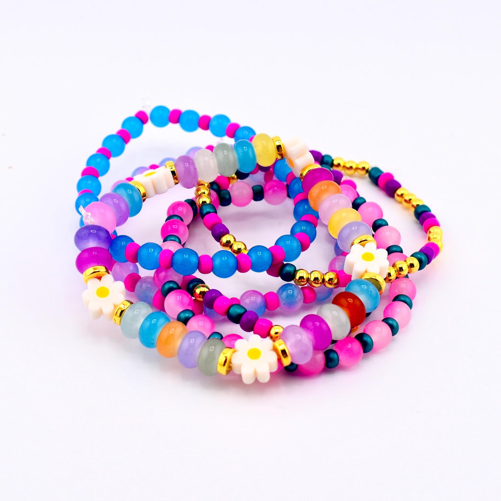 Flower Child Beaded Bracelet Stack: Colorful Glass Rondelle Daisy Beads