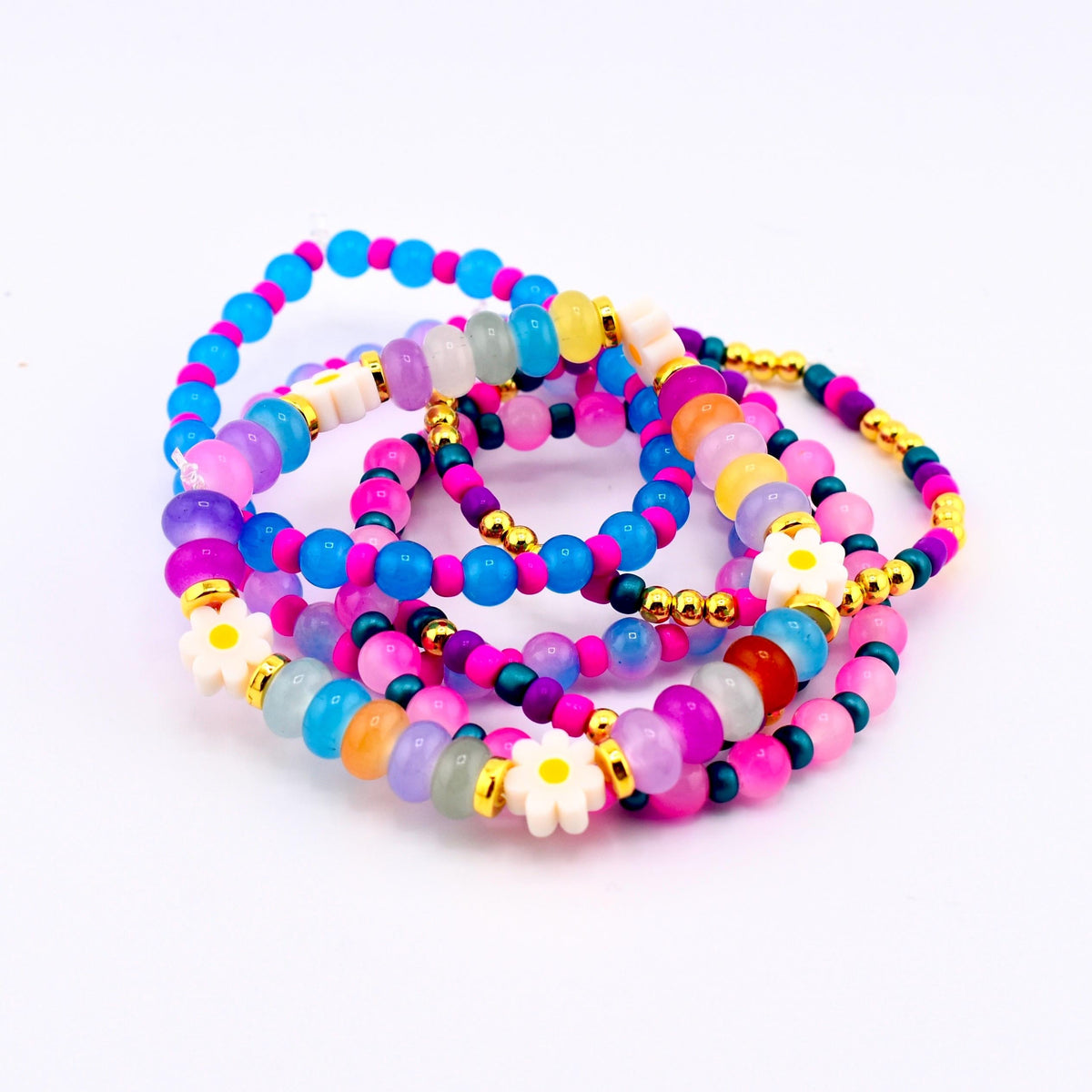 Flower Child Beaded Bracelet Stack: Colorful Glass Rondelle Daisy Beads