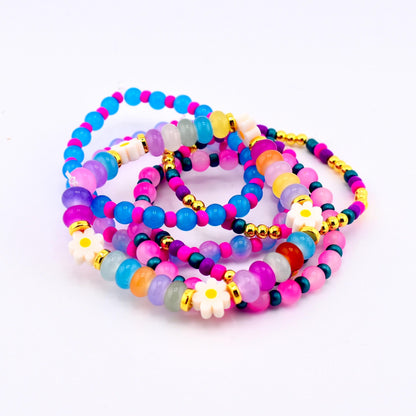 Flower Child Bracelet Stack: Set of 6 Colorful Beaded Bracelets with Glass Rondelle and Daisy Beads