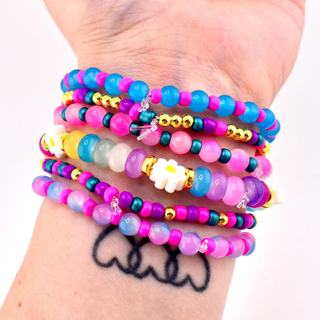 Flower Child Beaded Bracelet Stack: Colorful Glass Rondelle Daisy Beads
