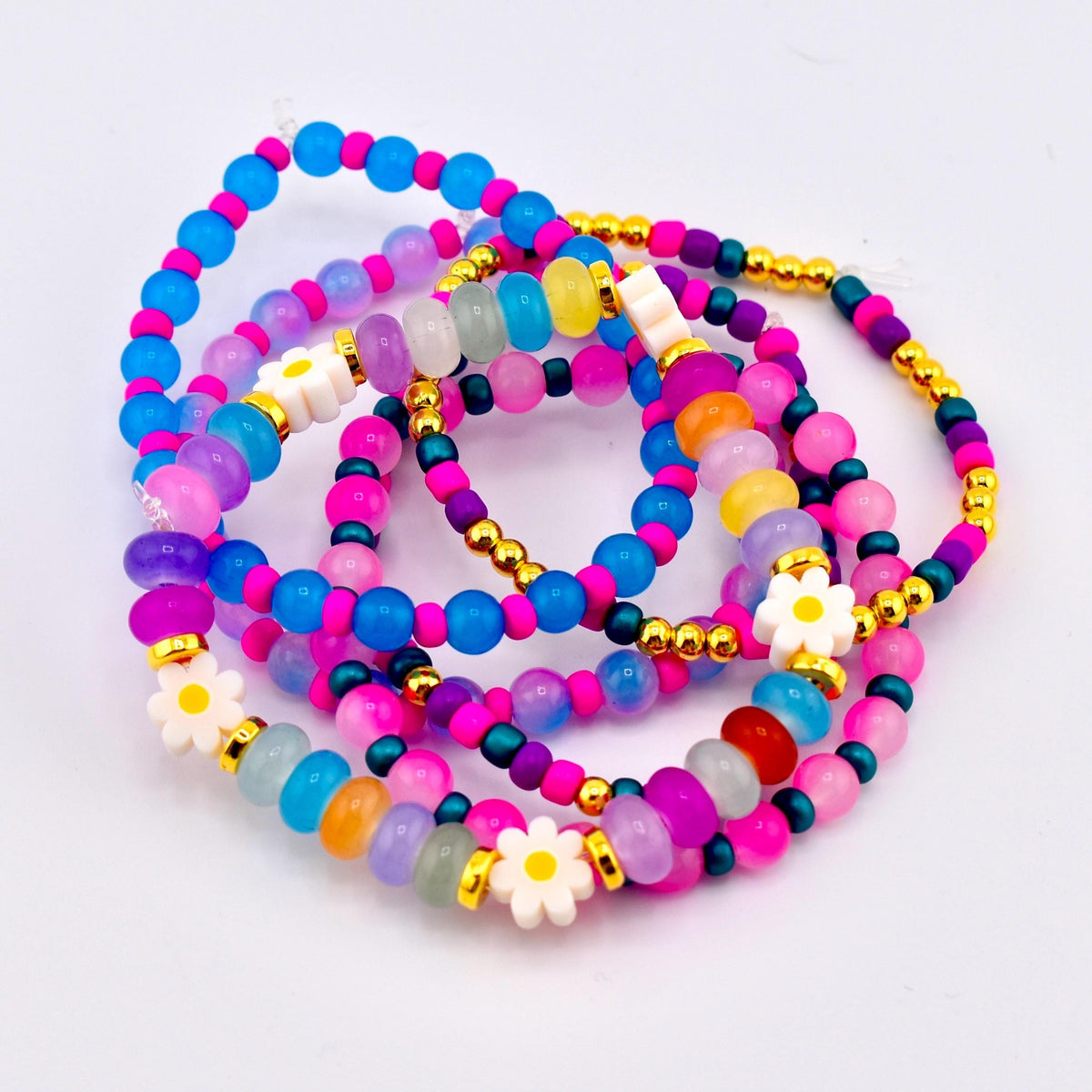 Flower Child Beaded Bracelet Stack: Colorful Glass Rondelle Daisy Beads