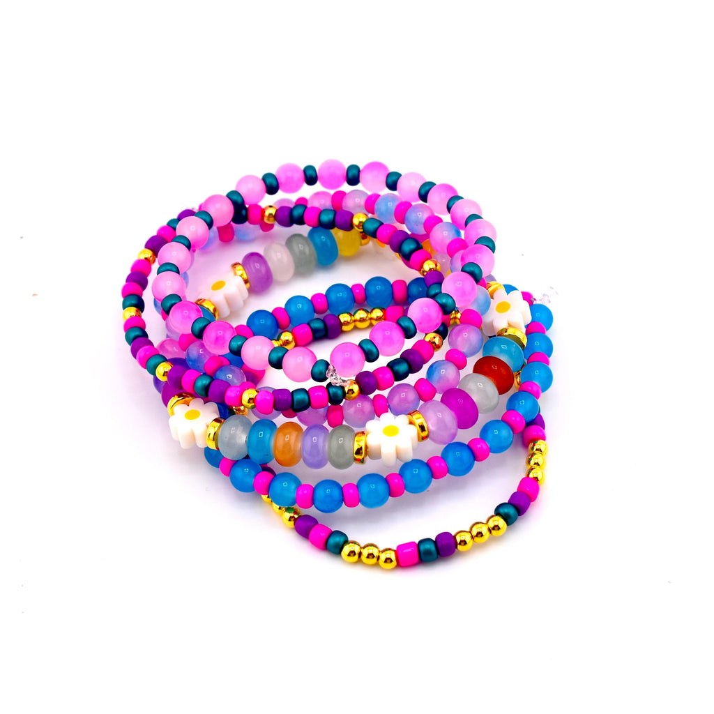 Flower Child Beaded Bracelet Stack: Colorful Glass Rondelle Daisy Beads
