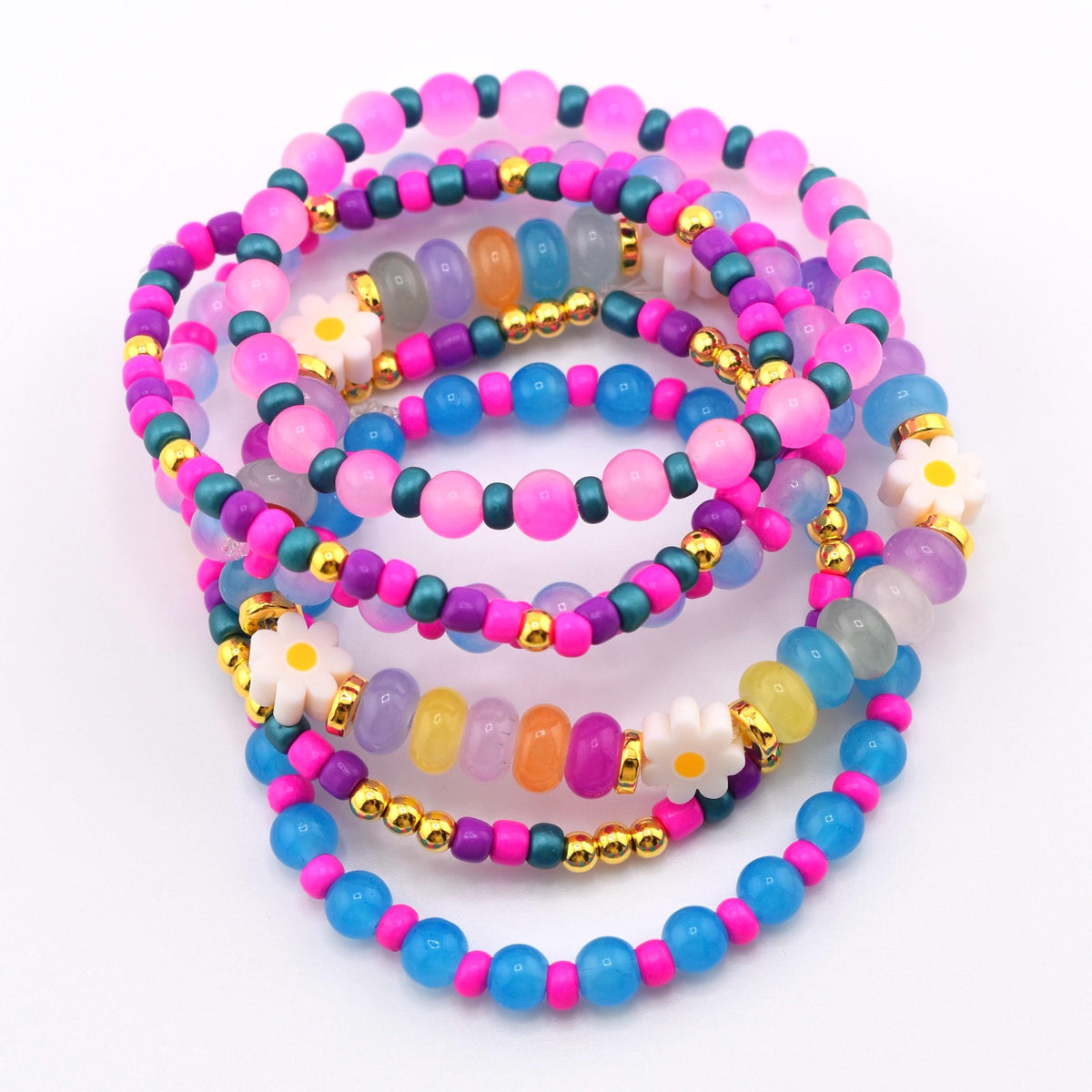 Flower Child Beaded Bracelet Stack: Colorful Glass Rondelle Daisy Beads