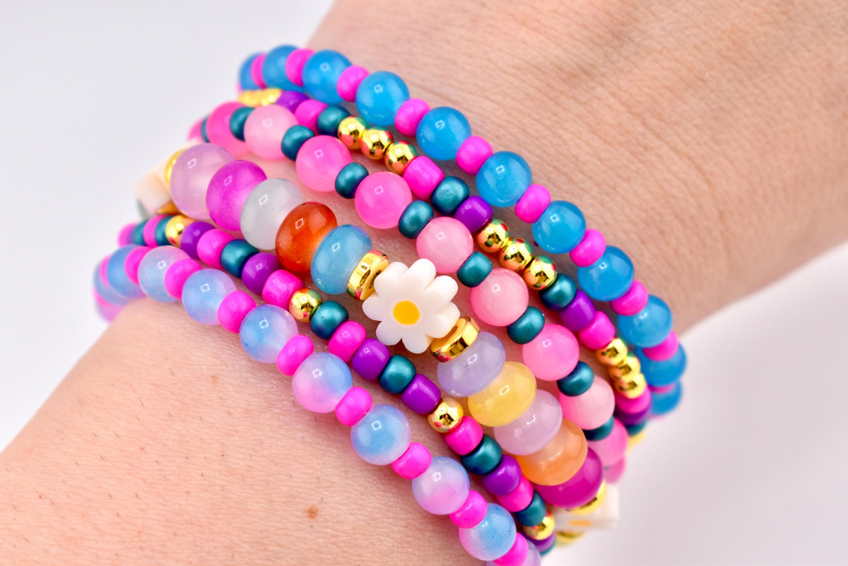 Flower Child Beaded Bracelet Stack: Colorful Glass Rondelle Daisy Beads