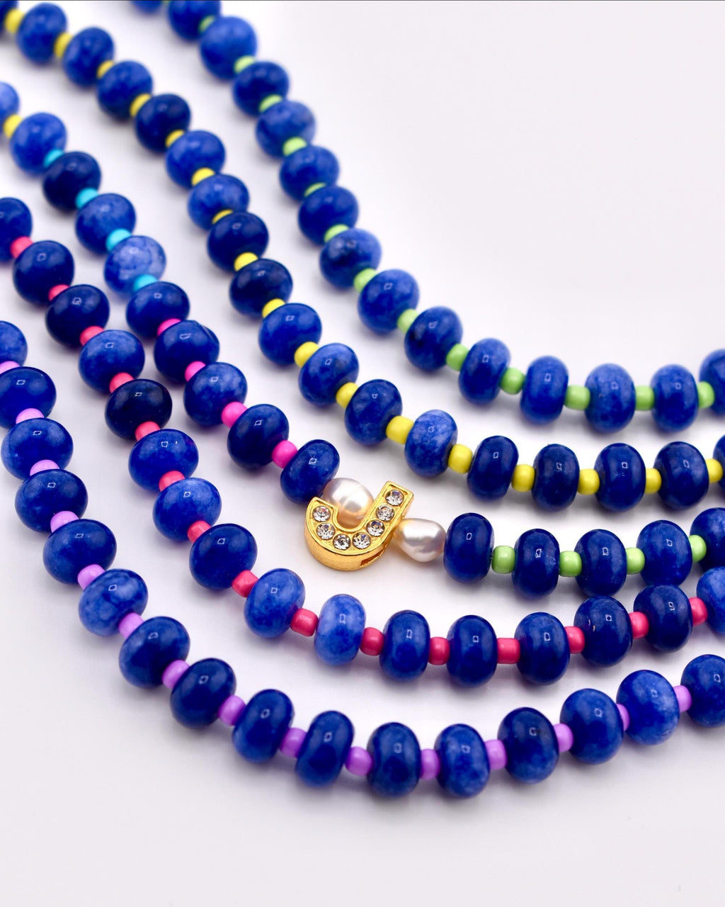Cobalt Blue Stone Bead Bracelet, Gold Initial Charm, Crystal Accent, Pearl Detail