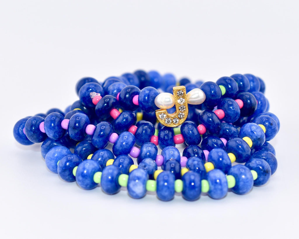 Cobalt Blue Stone Bead Bracelet, Gold Initial Charm, Crystal Accent, Pearl Detail