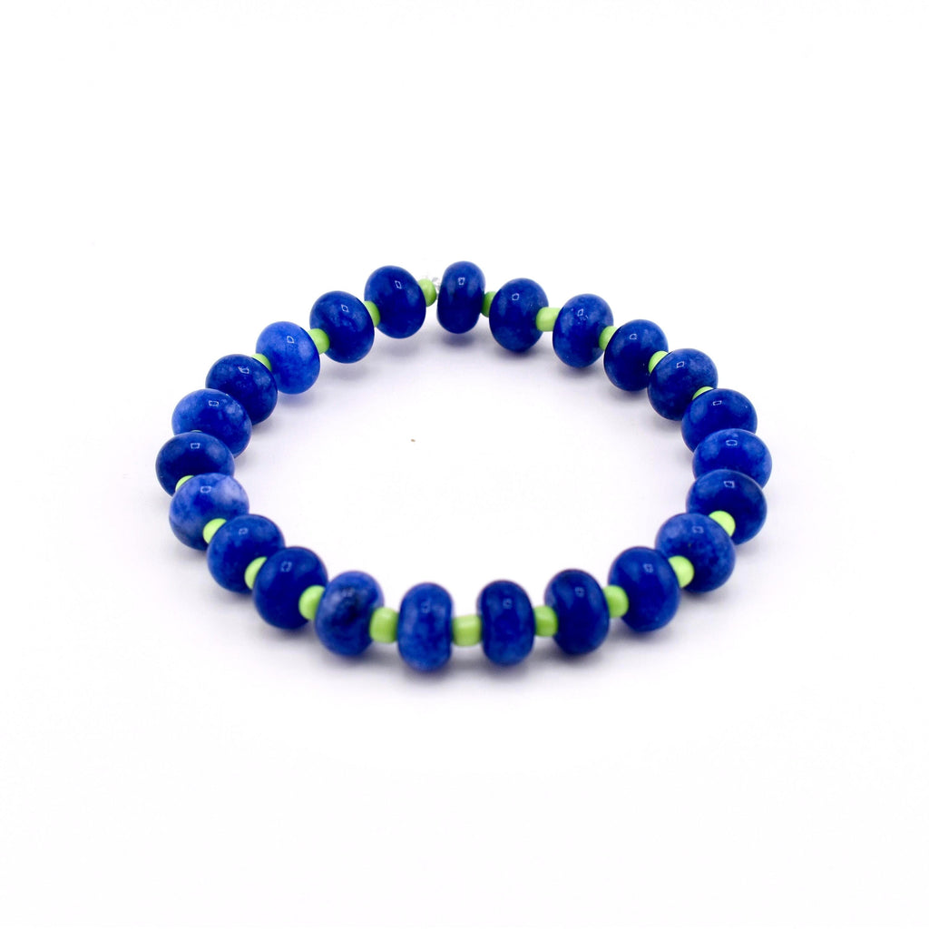 Cobalt Blue Stone Bead Bracelet, Gold Initial Charm, Crystal Accent, Pearl Detail