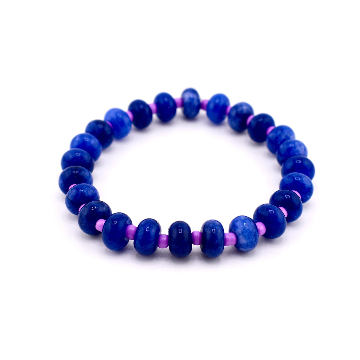 Cobalt Blue Stone Bead Bracelet, Gold Initial Charm, Crystal Accent, Pearl Detail