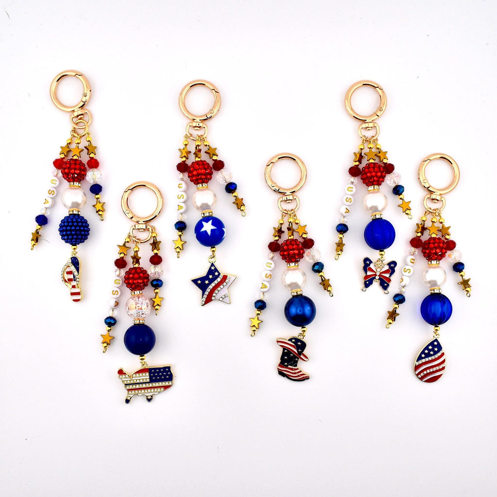 Patriotic Beaded Bag Charm | USA Flag Flip Flop, Star Straw Charm