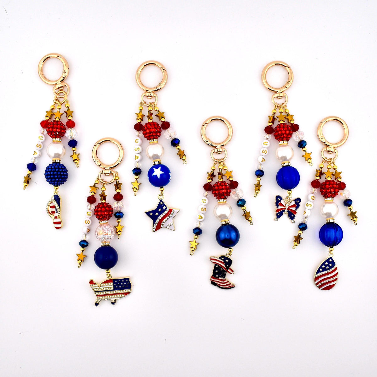 Patriotic Beaded Bag Charm | USA Flag Flip Flop, Star Straw Charm