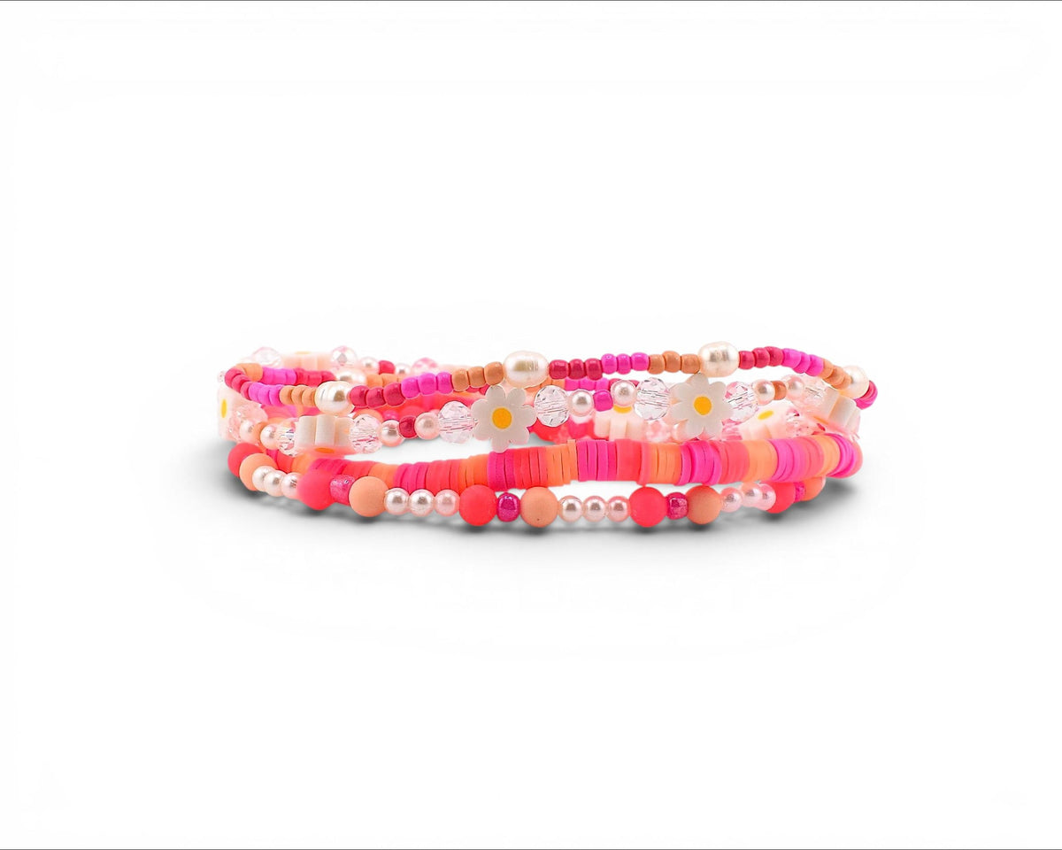 Sorbet Groove Beaded Bracelet Collection Pink Orange Daisy Accent Stackable Summer Jewelry
