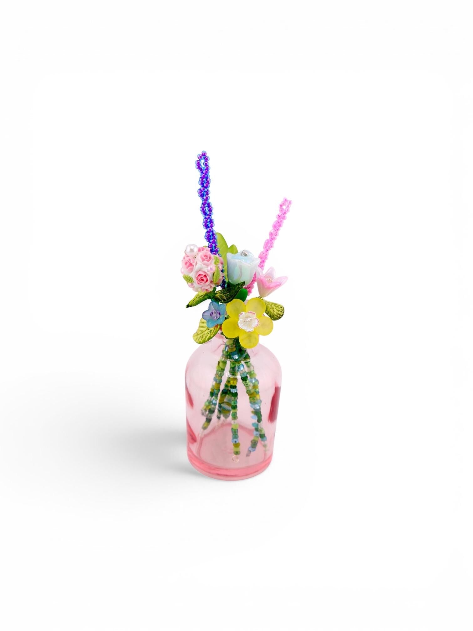 Beaded Flower Bouqet in Small Glass Bud Vase