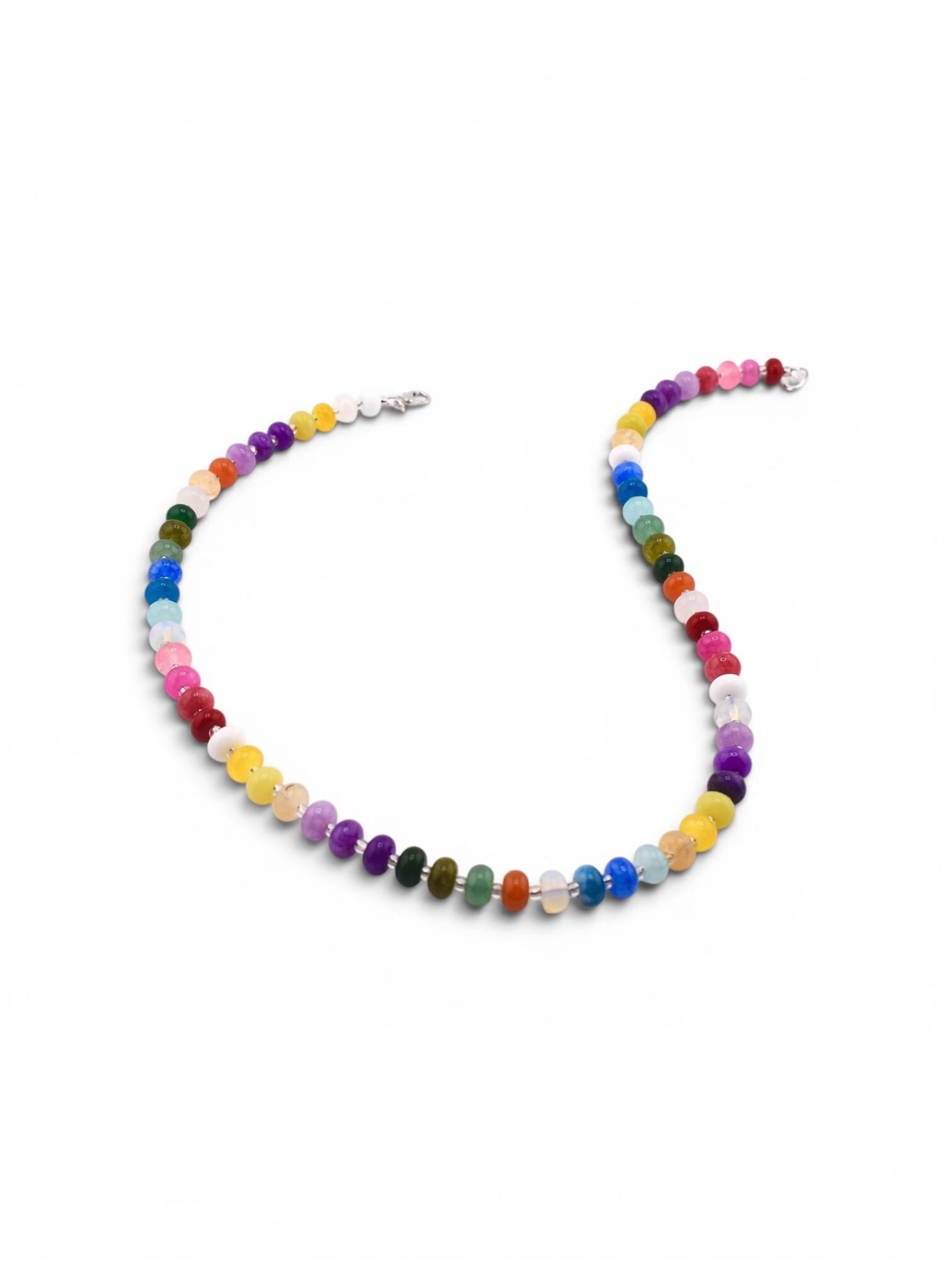 Rainbow Gemstone Beaded Necklace | Colorful Candy Gemstone Rondelle Necklace | Handmade Multicolor Stone Jewelry