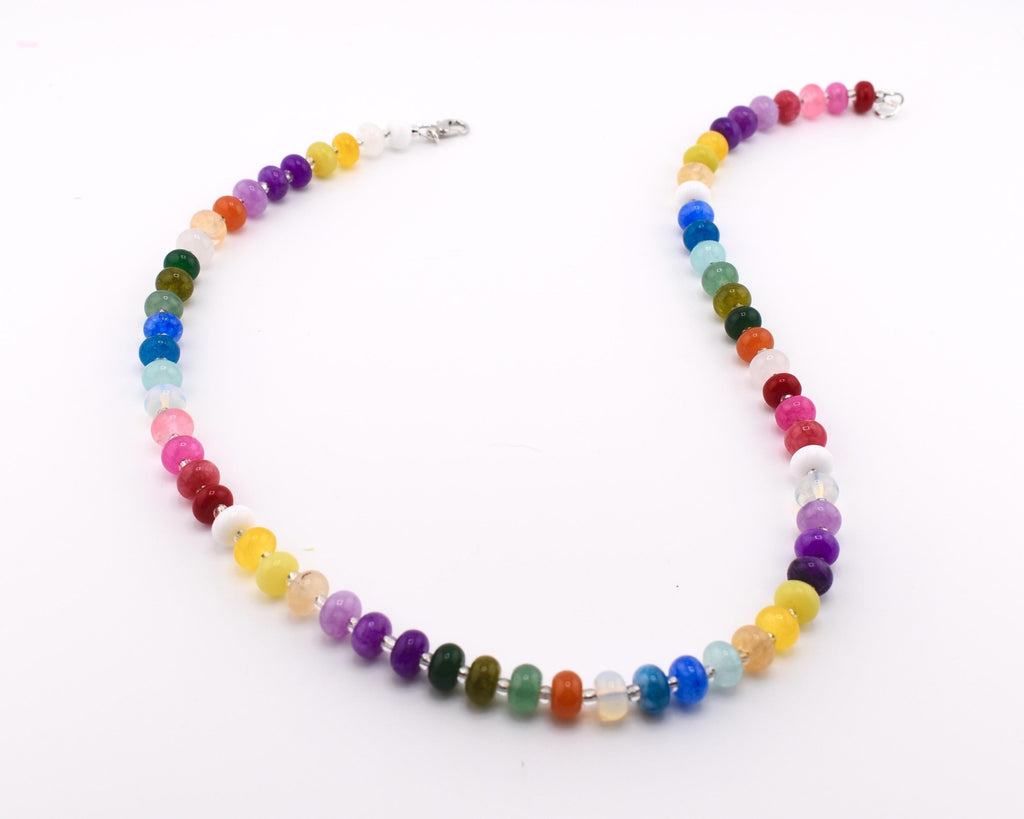 Rainbow Gemstone Rondelle Necklace | Multicolor Candy Stone Jewelry, Handmade