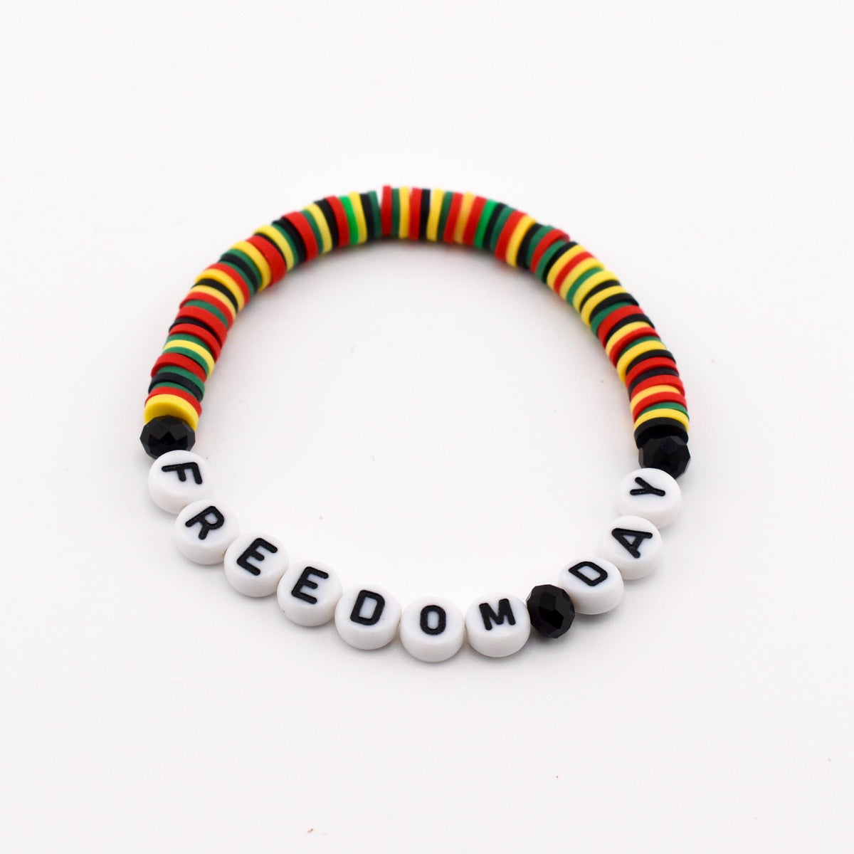 Freedom Day Beaded Bracelet • Handmade Cultural Jewelry • Red Yellow Green Black Beads • Letter Bead Bracelet • Stretch Bracelet
