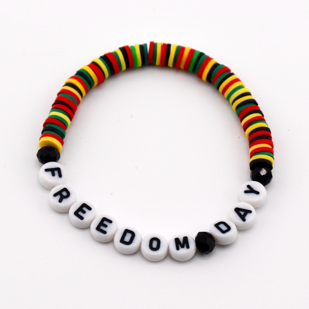 Freedom Day Beaded Bracelet • Handmade Cultural Jewelry • Red Yellow Green Black Beads • Letter Bead Bracelet • Stretch Bracelet