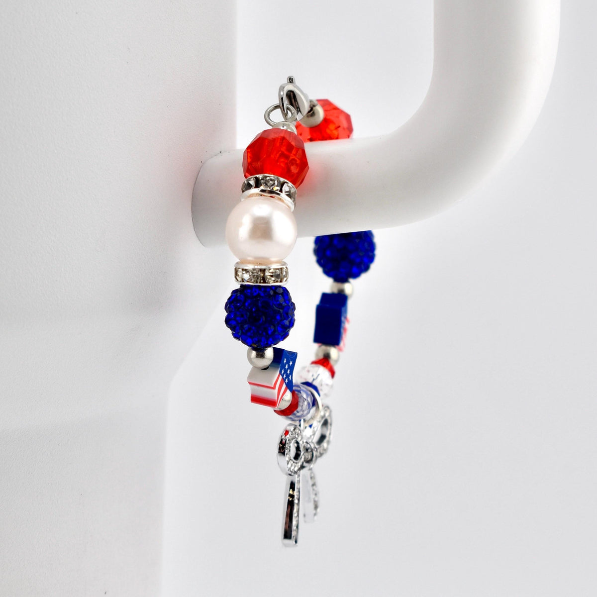 Patriotic Red White and Blue Tumbler Handle Bracelet with Rhinestone Bow Charm