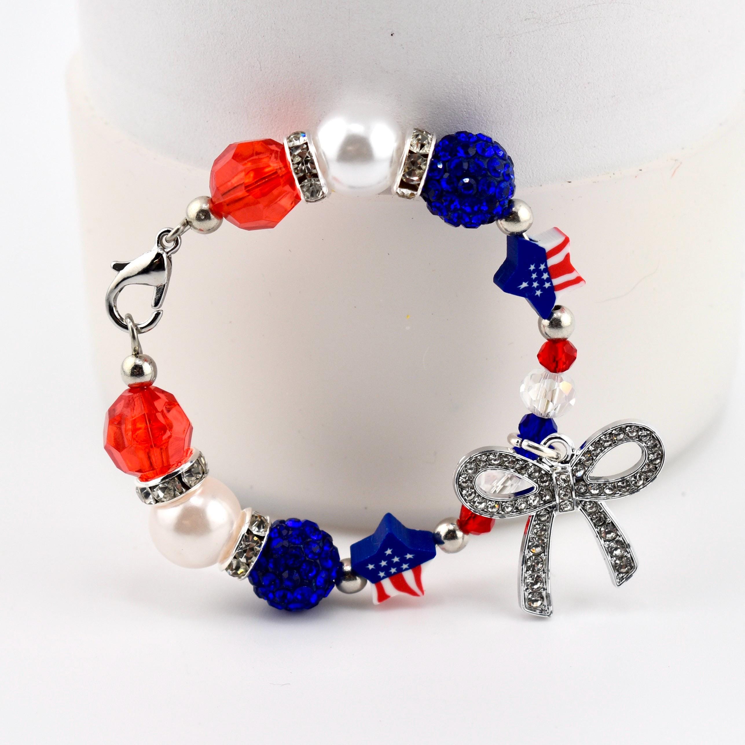 Patriotic Red White and Blue Tumbler Handle Bracelet with Rhinestone Bow Charm