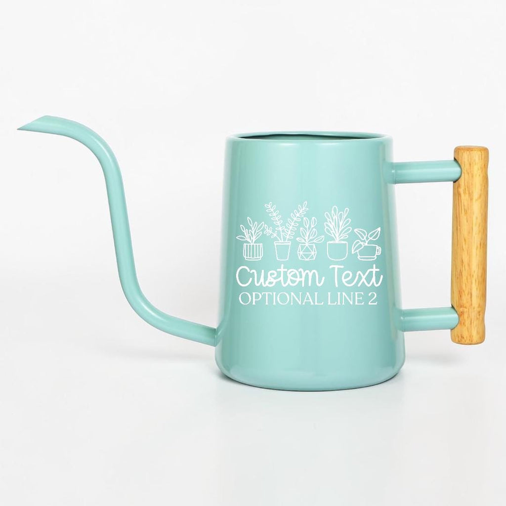 A light blue metal watering can with a long, thin spout and a light wood-toned handle. The side features a white line art graphic of five potted plants above the white text Custom Text and OPTIONAL LINE 2 in a script font.
