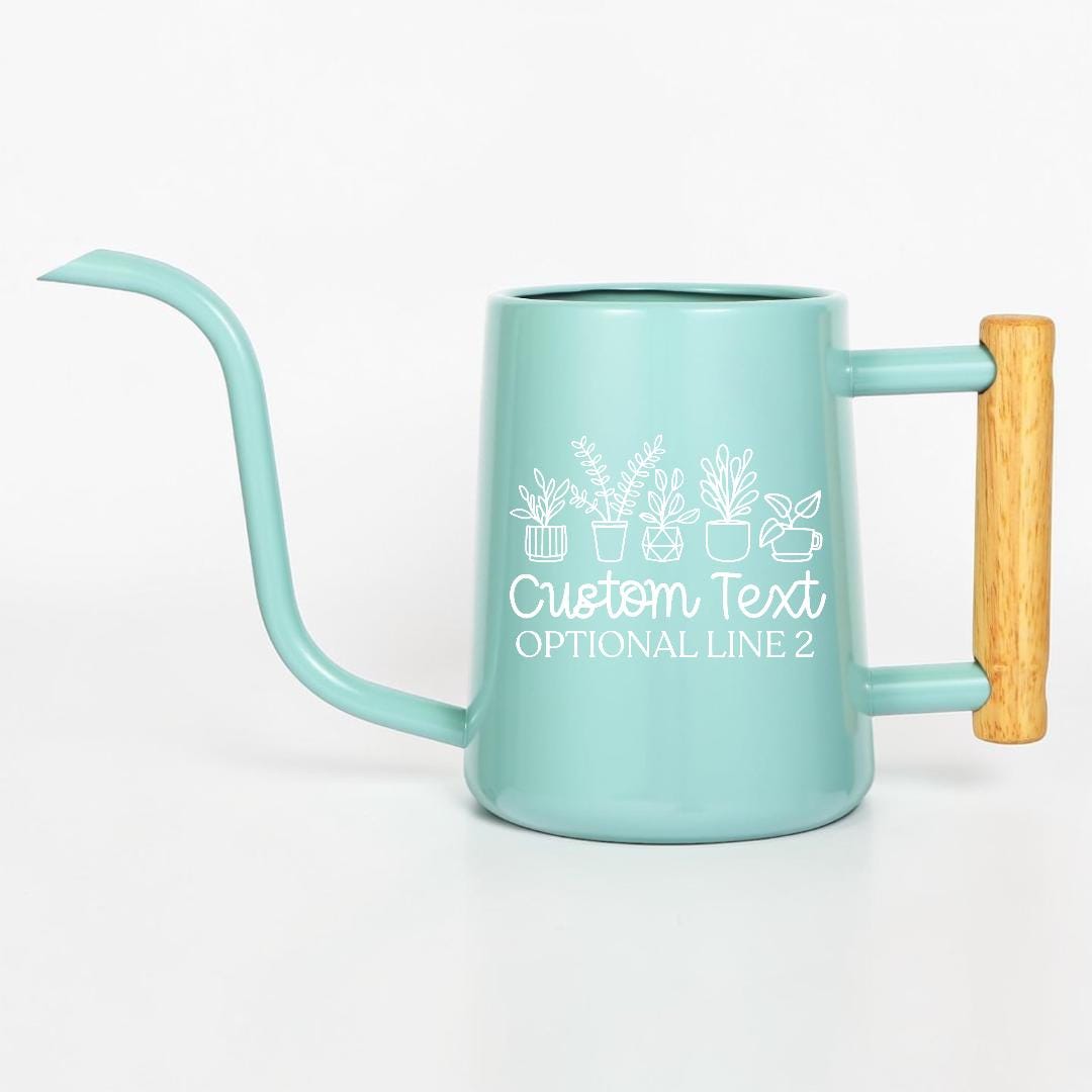 A light blue metal watering can with a long, thin spout and a light wood-toned handle. The side features a white line art graphic of five potted plants above the white text Custom Text and OPTIONAL LINE 2 in a script font.