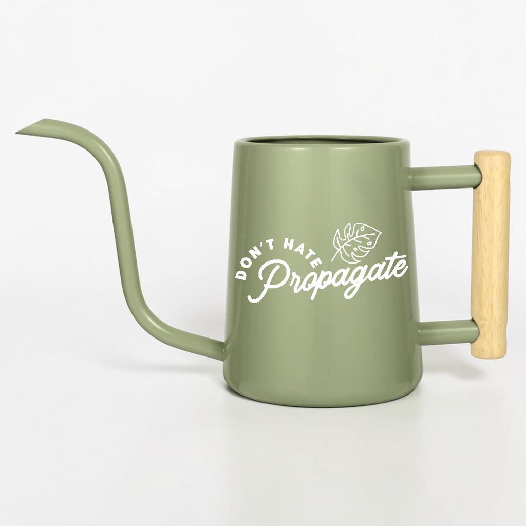 Metal Watering Can with Don't Hate Propagate and Monstera Leaf Design