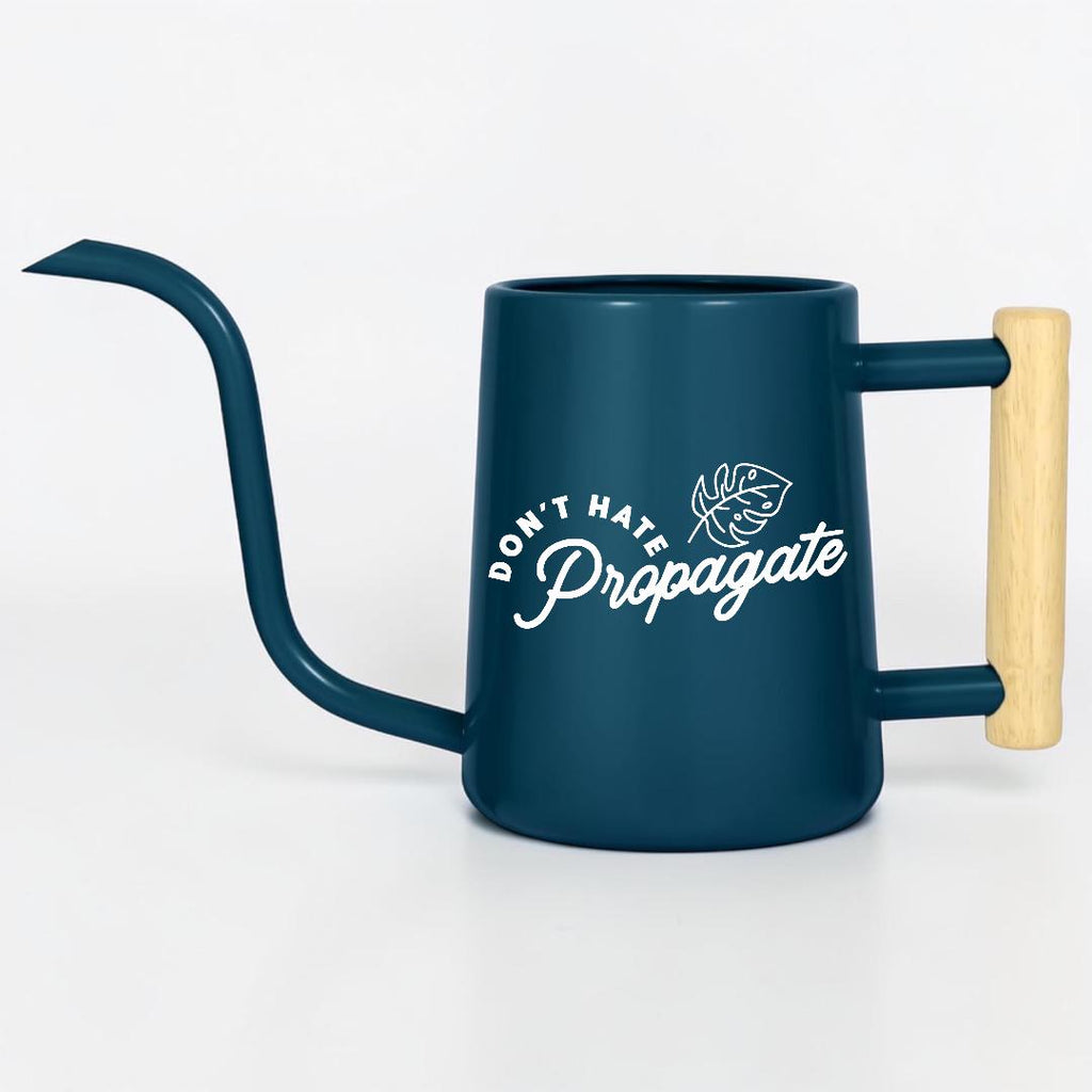 Metal Watering Can with Don't Hate Propagate and Monstera Leaf Design