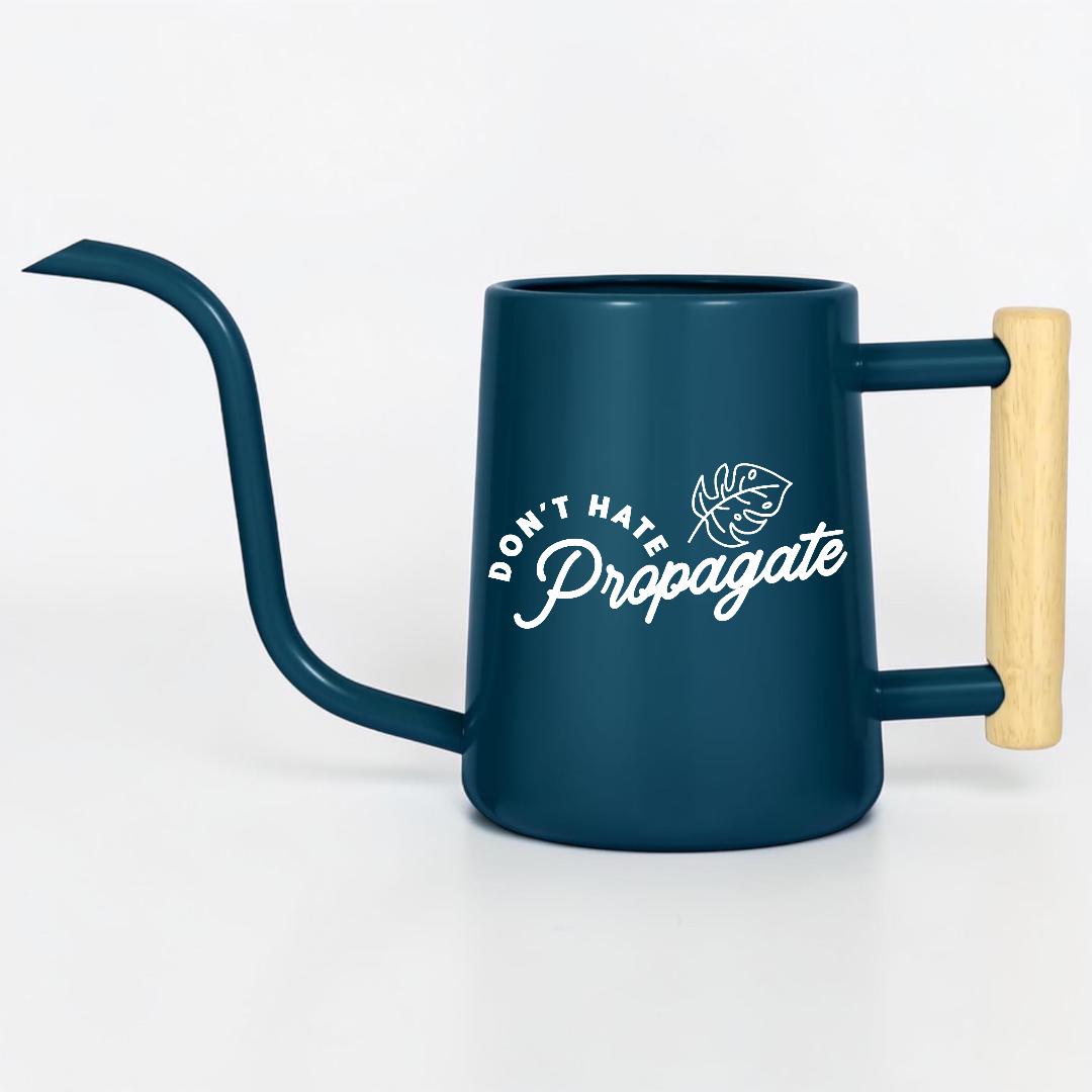 Metal Watering Can with Don't Hate Propagate and Monstera Leaf Design