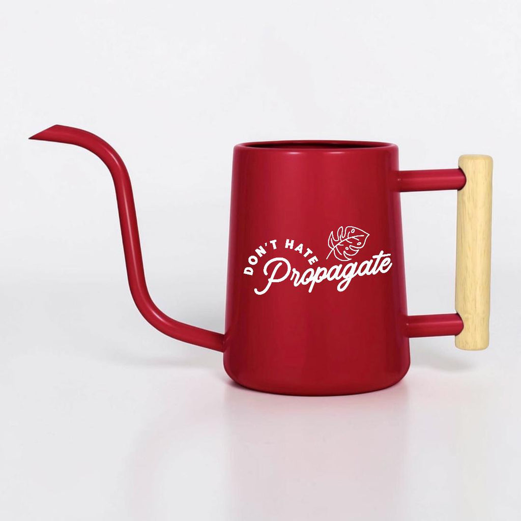 Metal Watering Can with Don't Hate Propagate and Monstera Leaf Design