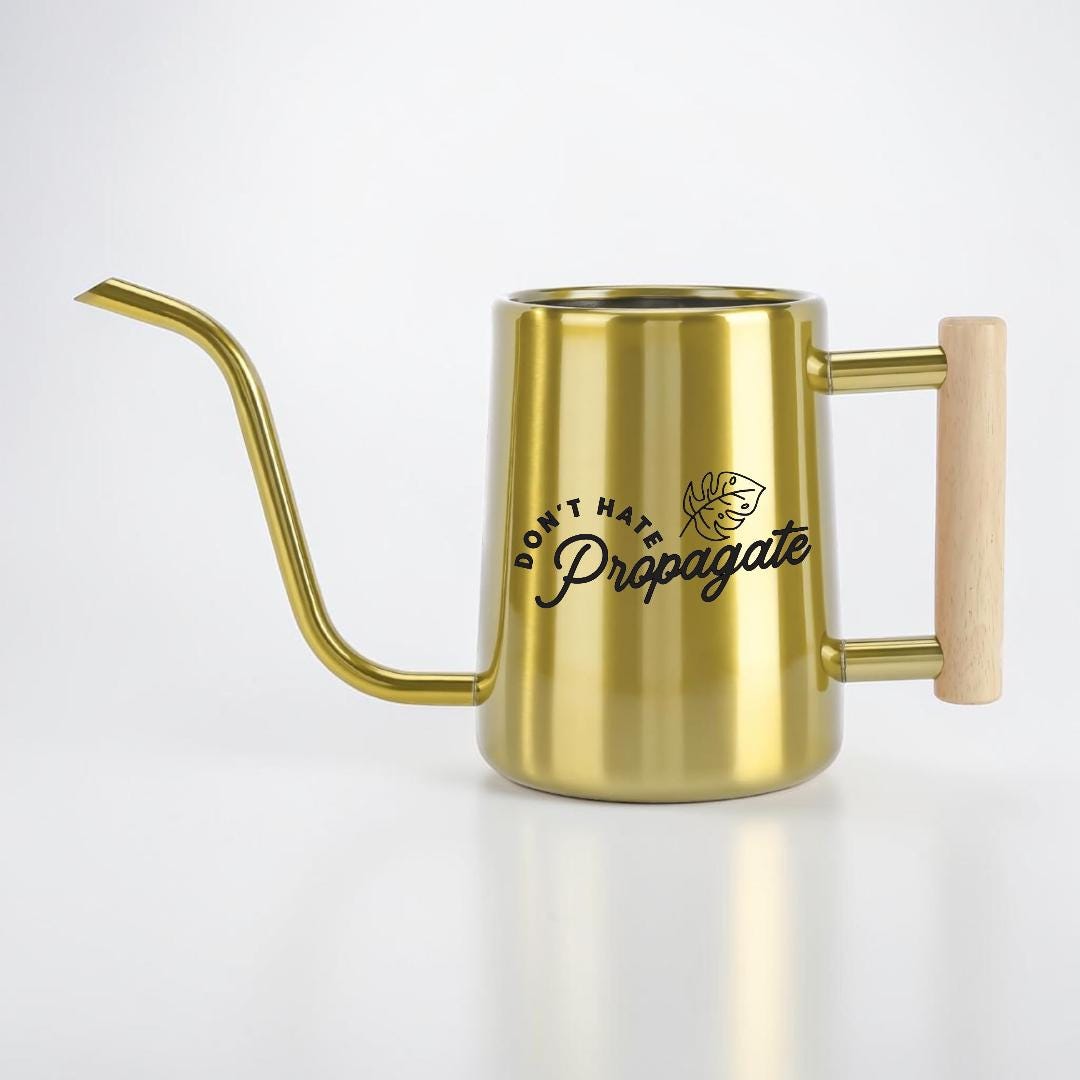 Metal Watering Can with Don't Hate Propagate and Monstera Leaf Design
