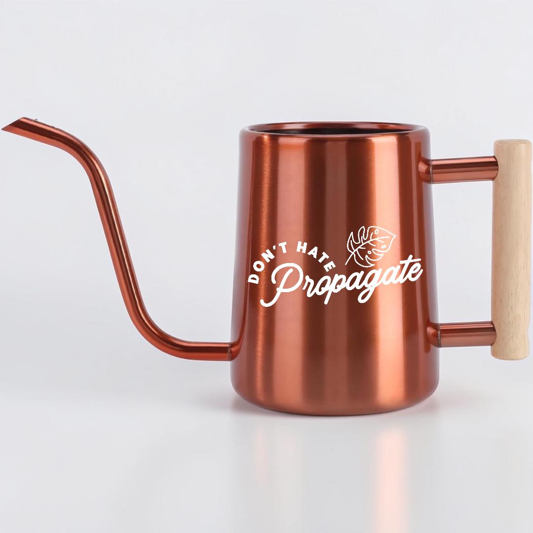 Metal Watering Can with Don't Hate Propagate and Monstera Leaf Design