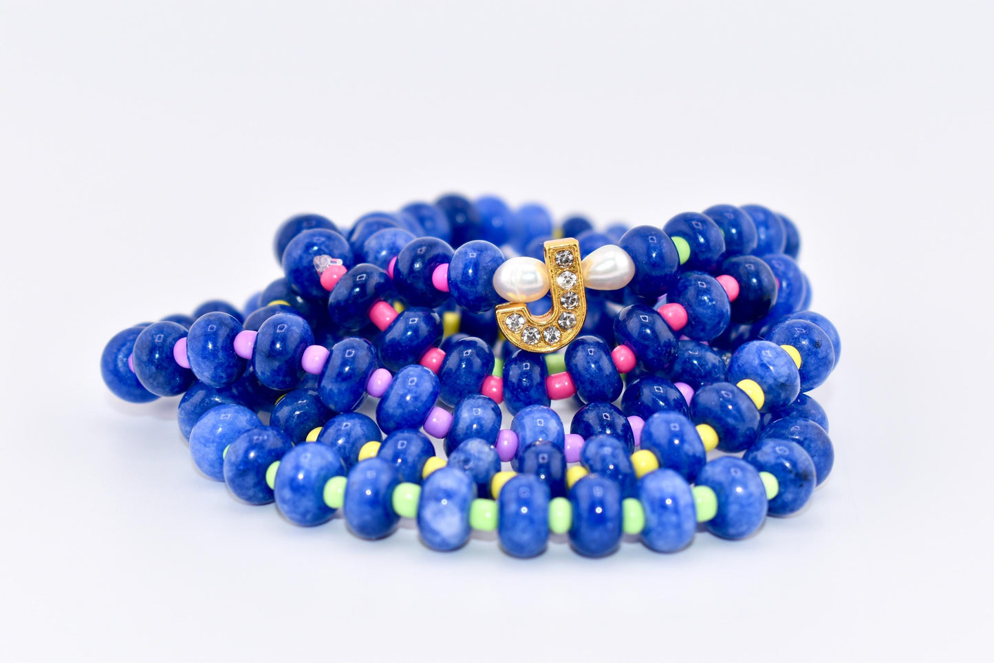 Handmade Blue Stone Bead Bracelet, Gold Initial Bracelet, Personalized Monogram Jewelry, Colorful Stackable Bracelets, Custom Gift for Her
