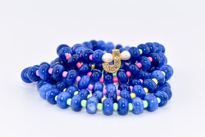 Handmade Blue Stone Bead Bracelet, Gold Initial Bracelet, Personalized Monogram Jewelry, Colorful Stackable Bracelets, Custom Gift for Her