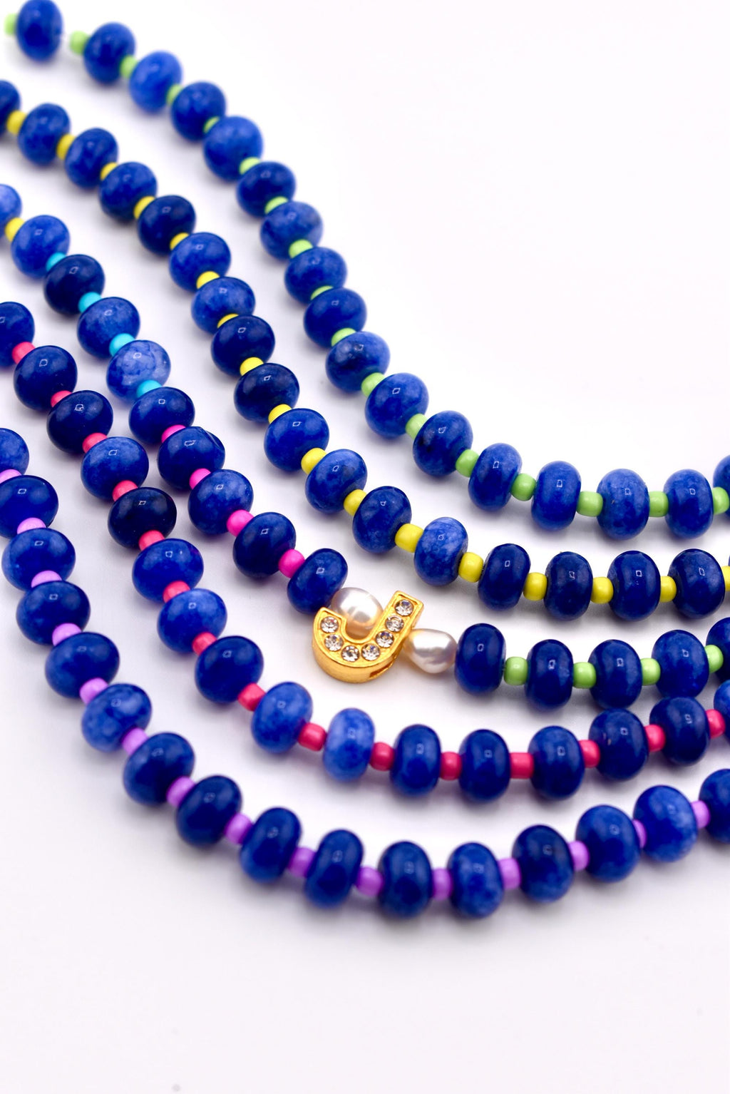 Cobalt Blue Stone Bead Bracelet, Gold Initial Charm, Crystal Accent, Pearl Detail