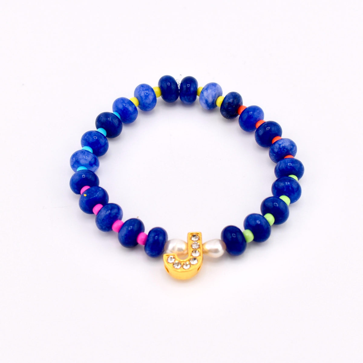Cobalt Blue Stone Bead Bracelet, Gold Initial Charm, Crystal Accent, Pearl Detail