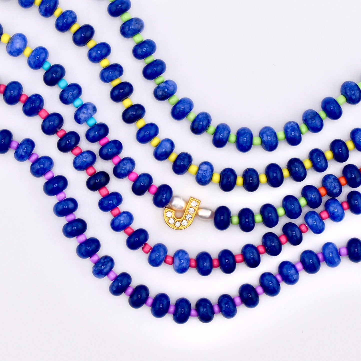 Handmade Blue Stone Bead Bracelet, Gold Initial Bracelet, Personalized Monogram Jewelry, Colorful Stackable Bracelets, Custom Gift for Her