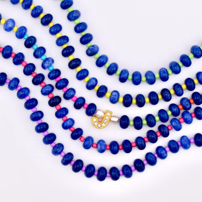 Handmade Blue Stone Bead Bracelet, Gold Initial Bracelet, Personalized Monogram Jewelry, Colorful Stackable Bracelets, Custom Gift for Her