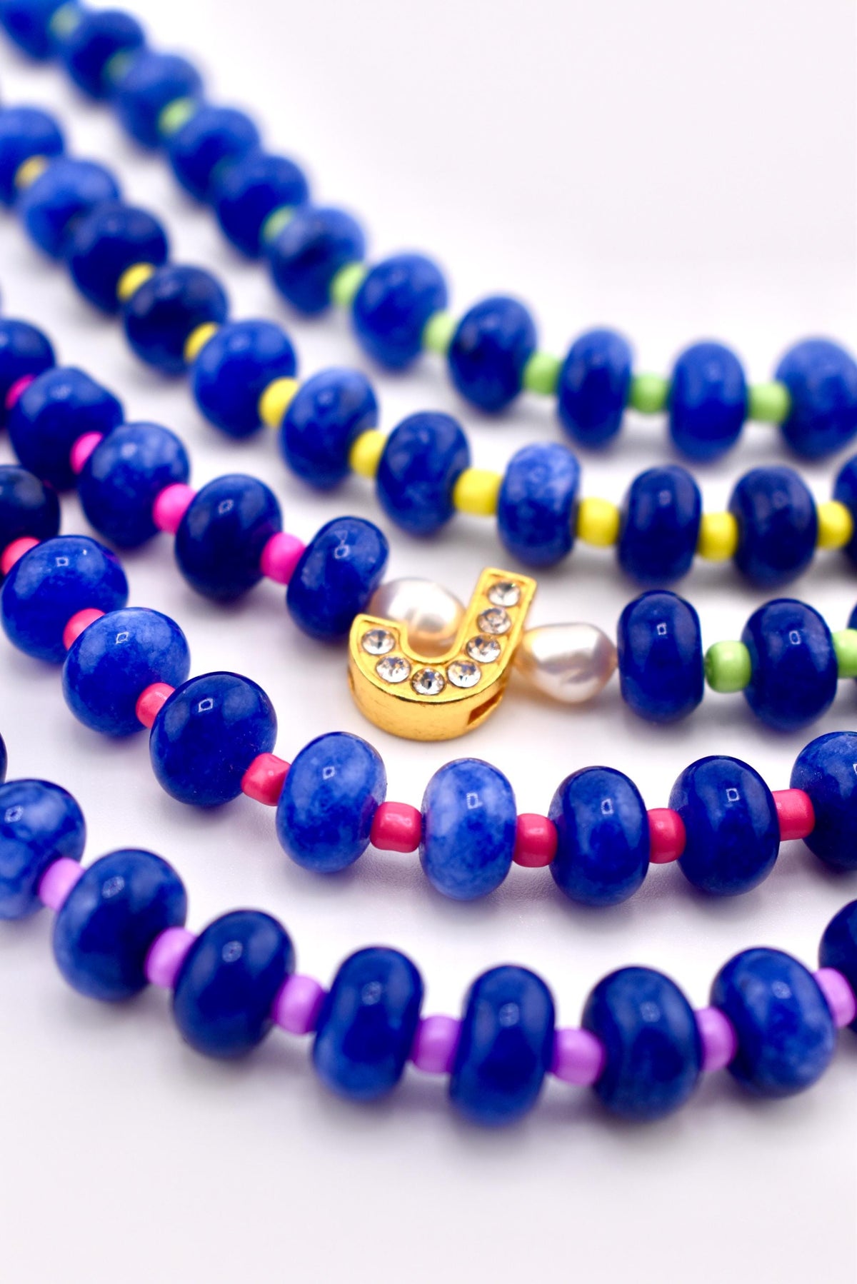 Cobalt Blue Stone Bead Bracelet, Gold Initial Charm, Crystal Accent, Pearl Detail